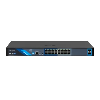 A 16-port PoE switch with a sleek black design and blue accents, featuring multiple Ethernet ports for network connectivity. The front panel includes LED indicators for power and network status, enhancing functionality and ease of use.