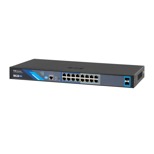 A 16-port PoE network switch with a sleek black design and blue accents, featuring multiple Ethernet ports for efficient connectivity. The front panel includes LED indicators for easy monitoring of network activity.