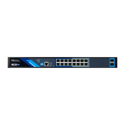 A 16-port PoE network switch with a sleek black and blue design, featuring multiple Ethernet ports and LED indicators for connectivity status. The switch is designed for efficient power and data management in network setups.