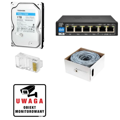 The image features a surveillance system kit including a Toshiba 1TB hard drive, a BCS network switch with multiple Ethernet ports, a spool of network cable, and an RJ45 connector. A warning sign indicating "Monitoring Object" is also included.