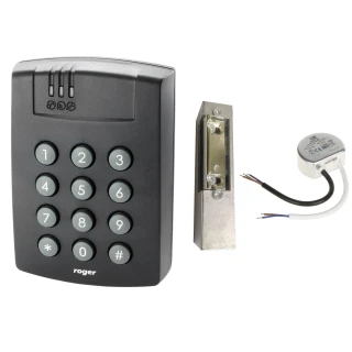 Access control kit featuring a black keypad with numeric buttons, an electric strike lock, and a compact power supply module. Ideal for secure entry systems, the set provides reliable access management solutions.