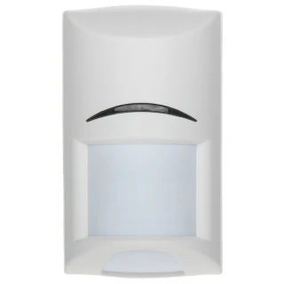 The image shows a sleek, white Bosch motion detector with a curved black sensor at the top. It features a rectangular design with a subtle, modern aesthetic suitable for indoor security systems.