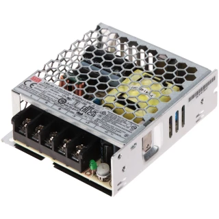 The image shows a compact, open-frame switching power supply with a metal mesh cover for ventilation. It features multiple connection terminals and various electronic components visible through the mesh.