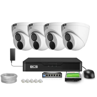 The image shows a complete surveillance system set, including four white dome security cameras, a black digital video recorder, and various accessories such as cables, connectors, and a hard drive. The components are arranged neatly, highlighting the comprehensive nature of the monitoring kit.