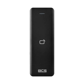 A sleek, black proximity card reader with a minimalist design and a small icon indicating contactless functionality. The device features a subtle LED indicator and the BCS logo at the bottom.