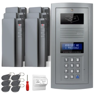 The image shows a digital intercom set featuring a sleek, metallic keypad panel with a display screen and RFID reader. Included are multiple key fobs, a screwdriver, and an electronic module for installation.