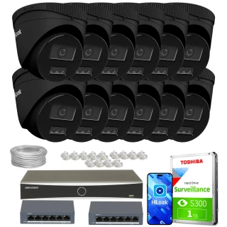The image shows a comprehensive surveillance system package, including twelve black dome IP cameras, a Hikvision network video recorder, two network switches, a Toshiba 1TB surveillance hard drive, Ethernet cables, and connectors. This setup is designed for extensive security monitoring, providing high-quality video capture and storage solutions.