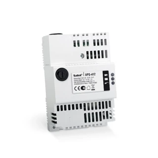 A white electronic power supply unit with ventilation slots and a black adjustment knob on the front. The device features a label with technical specifications and certification symbols.