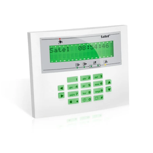 A white LCD keypad with a green backlit display and buttons, designed for security system control. The interface includes numeric and function keys for easy navigation and operation.