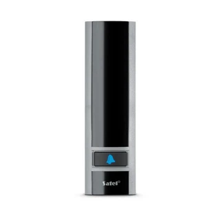A sleek, vertical proximity card reader with a glossy black front panel and a silver frame, featuring a blue bell icon button at the bottom. The device is designed for secure access control and is branded with the Satel logo.