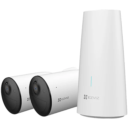 The image shows a two-camera surveillance system featuring sleek, cylindrical cameras with a black and white design, accompanied by a tall, white base station. The setup is designed for modern home security, offering wireless connectivity and easy installation.