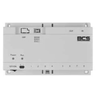 A white BCS PoE switch with multiple ports and indicator lights for power and operation status. The device features a sleek, compact design suitable for network installations.