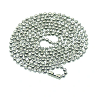 A silver ball chain necklace designed for holding identification tags, featuring a secure clasp for easy attachment. The chain is composed of small, round metal beads linked together, providing a durable and flexible design.