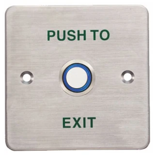 A stainless steel flush-mounted exit button with a central blue-ringed push mechanism. The button features the text "PUSH TO EXIT" in green lettering.