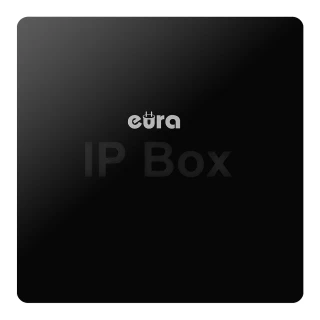A sleek, black IP box with a minimalist design featuring the "Eura" logo prominently displayed on the front. The surface has a glossy finish, giving it a modern and sophisticated appearance.