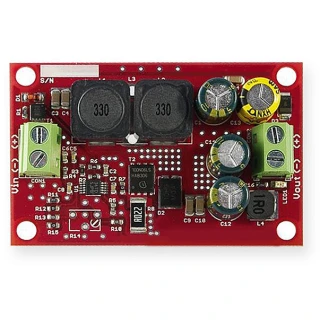 A red circuit board featuring various electronic components, including capacitors, inductors, and connectors. The board is designed for power management applications, with clearly labeled parts and a compact layout.