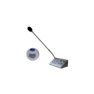 Cash register intercom system featuring a sleek, long-neck microphone and a compact speaker unit. The design is modern and functional, ideal for efficient communication in retail environments.