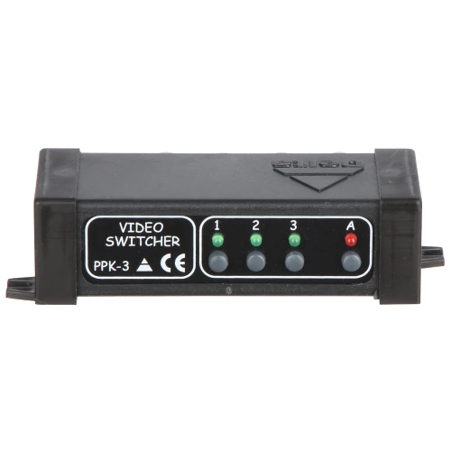The image shows a black video switcher with labeled buttons for inputs 1, 2, 3, and an output labeled A. The front panel features indicator lights above each button and a label reading "VIDEO SWITCHER."