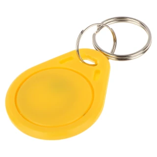 A yellow RFID proximity key fob with a teardrop shape and a metal keyring attachment. The fob features a smooth surface and a small hole for easy attachment to keychains.