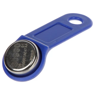 A blue plastic key fob holder with a round metal contact chip is shown. The fob features a small hole for easy attachment to keyrings or lanyards.
