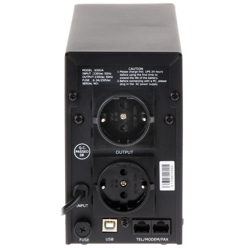 The image shows the back panel of an uninterruptible power supply (UPS) featuring two power outlets, a USB port, and telephone/modem jacks. The panel also includes a fuse, input socket, and caution instructions for safe usage.