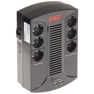 The image shows a black UPS device with six European-style power outlets, designed for surge protection and uninterrupted power supply. The brand name "EAST" is prominently displayed on the top, and the unit features indicator lights and a power button on the front.