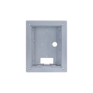 The image shows a rectangular, gray flush-mounted enclosure designed for secure installation within walls. It features a central opening and multiple mounting points for easy integration with compatible devices.