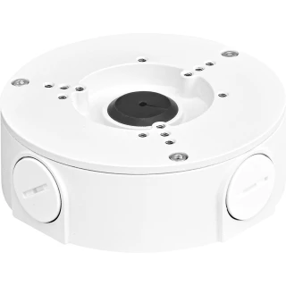 White circular mounting box adapter with multiple screw holes and cable entry points, designed for secure installation. The adapter features a central opening and side access ports for versatile connectivity options.