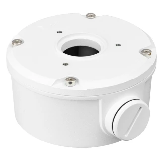 A white, cylindrical adapter designed for tube cameras, featuring a robust construction with a central mounting hole and multiple screw points for secure installation. The adapter includes a side conduit entry for cable management, enhancing its functionality and ease of use.