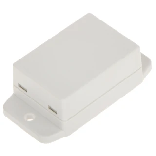 A compact, rectangular white temperature sensor with a smooth surface and two small mounting holes on either side. The device is designed for easy installation and discreet placement in various environments.