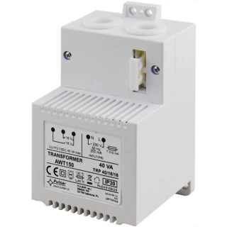 A white electrical transformer with a compact design features input and output specifications clearly labeled on its front panel. It includes two circular mounting holes on top and a sturdy casing for protection.