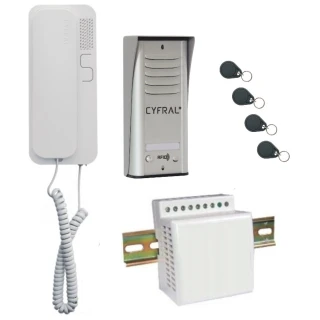The image shows a Cyfral Cosmo intercom set, including a sleek wall-mounted handset, a modern outdoor panel, and four RFID key fobs. Additionally, there is a compact power supply unit designed for easy installation.