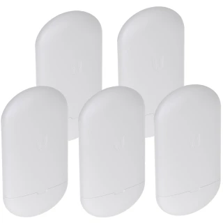 The image shows a set of five sleek, white Ubiquiti access points with a minimalist design. Each device features a smooth, curved exterior with the Ubiquiti logo subtly embossed on the front.