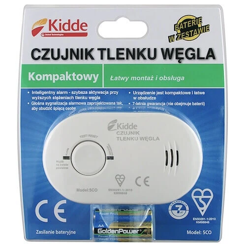 The image shows a Kidde carbon monoxide detector with a compact design, featuring easy installation and operation. The package includes a battery, and the detector is suitable for home safety use.