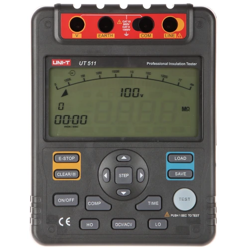 The image shows a professional insulation tester with a digital display and multiple control buttons, designed for precise electrical measurements. It features input terminals for voltage and current testing, along with a robust, portable design suitable for fieldwork.