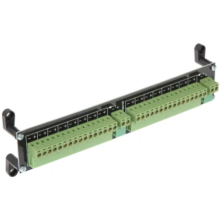 The image shows a green power distribution terminal block with multiple screw terminals arranged in two rows, mounted on a black metal bracket. It is designed for organized and efficient electrical connections in various applications.