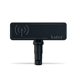 A compact black antenna designed for communication modules, featuring a rectangular shape with a signal icon and the brand name "Satel" embossed on the front. The antenna has a cylindrical connector at the bottom for easy attachment.