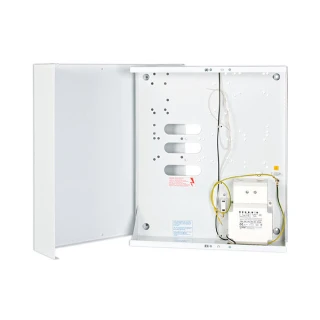 A white surface-mounted enclosure with a hinged door, designed for housing electrical components. It features multiple mounting holes and a compartment for wiring and connections.