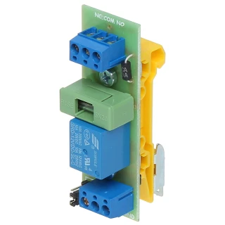A configurable relay module featuring a green fuse holder and blue terminal blocks, mounted on a yellow DIN rail adapter. The module is designed for easy integration into electrical systems, providing reliable switching capabilities.