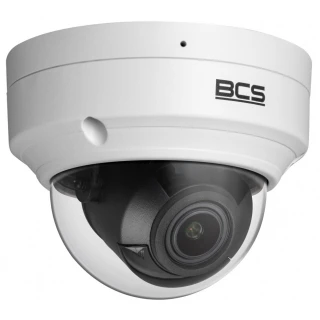 A white dome security camera with a clear protective cover and a visible lens, featuring the BCS logo on the side. The camera is designed for indoor or outdoor surveillance, offering a sleek and durable design.