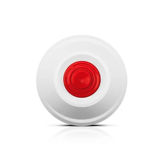 A round, white wireless panic button with a prominent red center. The sleek design is ideal for discreet emergency alerts in various settings.