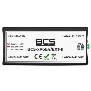 The image shows a BCS-xPoE4/EXT-II PoE extender with multiple LAN and PoE ports for network expansion. The device features indicators for power status and compliance certifications, designed for efficient power and data transmission.