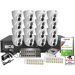 The image shows a comprehensive surveillance system package, including multiple dome cameras, a digital video recorder, a hard drive, network switches, cables, and connectors. The set is designed for extensive monitoring needs, suitable for large areas like schools or businesses.
