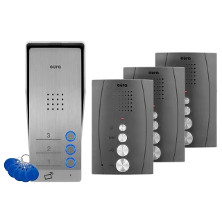 The image shows a sleek, modern intercom system with a brushed metal finish and three blue-lit buttons, accompanied by three matching indoor units with silver control knobs. A set of blue key fobs is also included, enhancing the security features of the system.