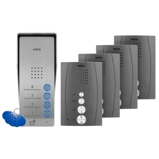 The image shows a sleek video intercom system with a brushed metal outdoor panel featuring four blue-lit buttons and a card reader. Accompanying the panel are four matching indoor units with speaker grills and control buttons, along with a set of blue key fobs.