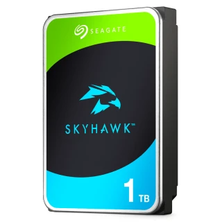 The image shows a Seagate SkyHawk hard drive with a 1TB capacity, featuring a sleek design with a green and black label. The SkyHawk logo is prominently displayed, emphasizing its suitability for surveillance storage solutions.
