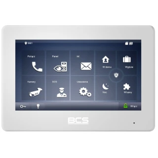 A sleek, white video monitor with a touchscreen interface displaying various icons for communication, security, and settings. The device features a modern design with a prominent BCS logo at the bottom.