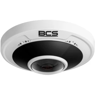 A white, dome-shaped fisheye security camera with a black lens area and the BCS logo on top. The camera features a sleek design with small circular details around the lens.