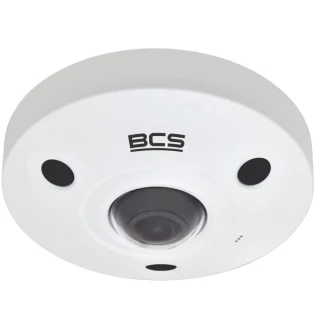 A white, circular IP camera with a fisheye lens and multiple sensors is designed for wide-angle surveillance. The camera features the BCS logo prominently on its surface.