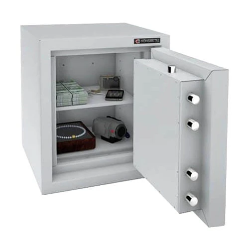A sturdy, gray safe with a secure locking mechanism is shown with its door open, revealing two shelves. Inside, there are stacks of money, a jewelry box, a camera, and a watch, highlighting its ample storage capacity.
